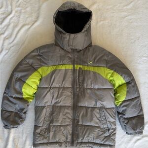 Stylish Gray and Green Hooded Puffer Jacket for Kids